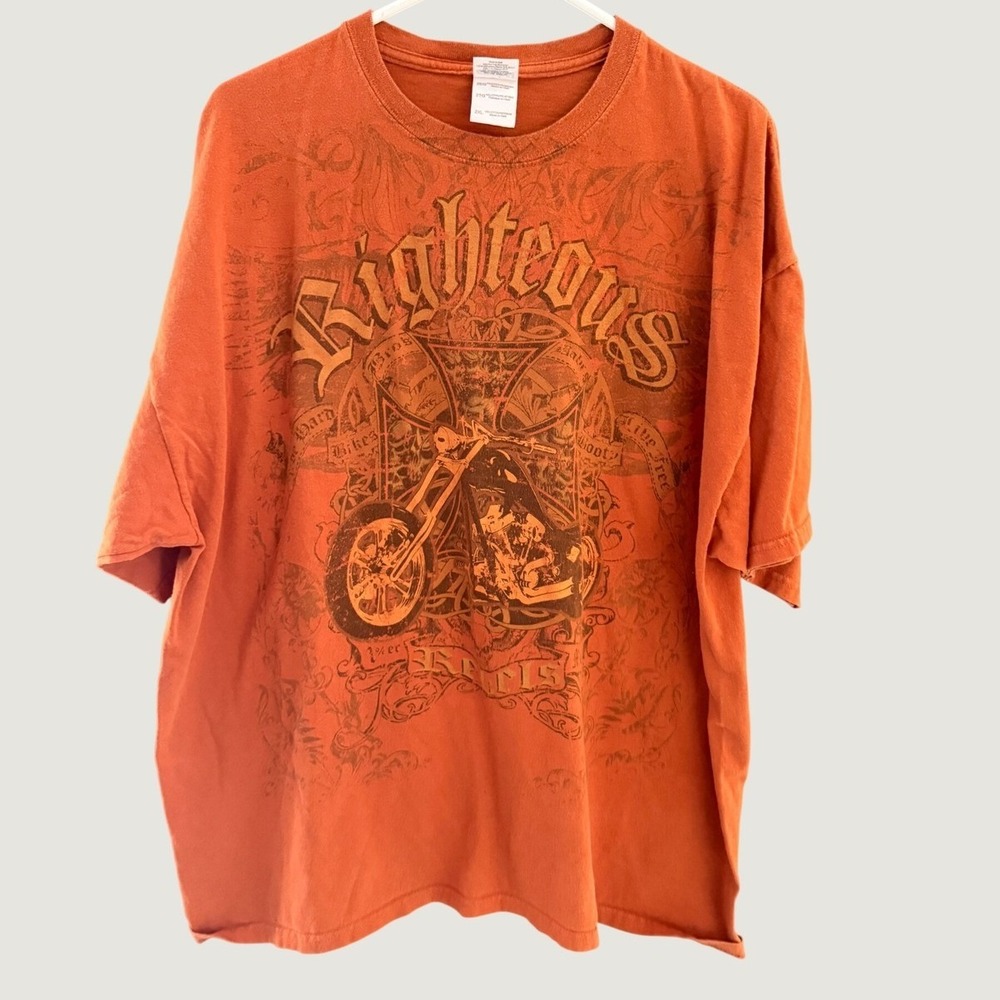 Gildan Y2k Cotton Mens Righteous Motorcycle Graphic T-Shirt Orange 2XL Grunge